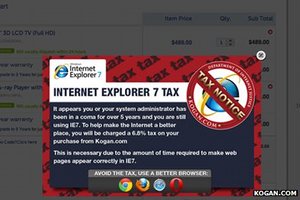 Browser Pop Up box at Kogan.com explaining Internet Explorer 7 Tax